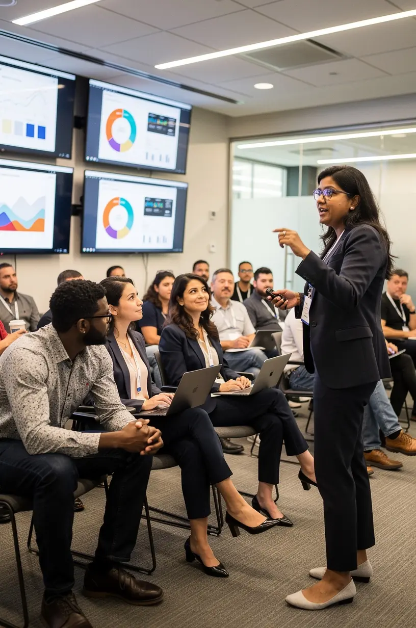 Panel of experts sharing insights on community growth in a professional seminar setting.